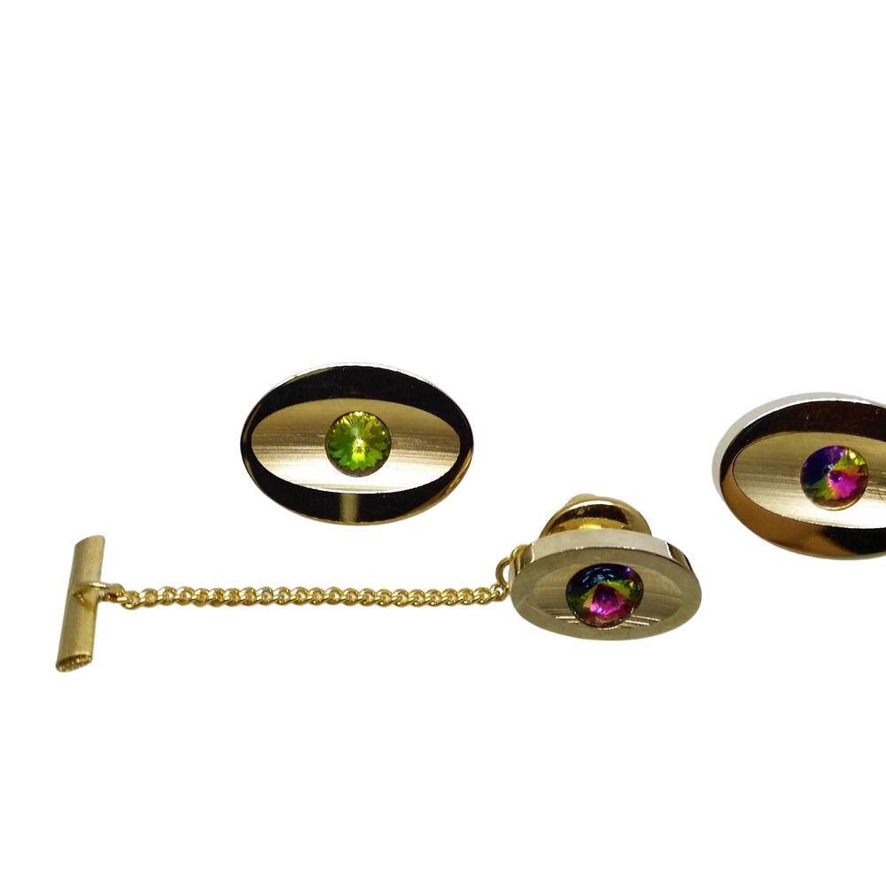 Gold Tone Cufflinks & Tie Pin Watermelon Rivoli Rhinestone Tack Coventry Riviera - Picture 8 of 9